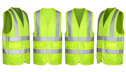 Four angled views of a bright neon safety vest with reflective stripes and pockets