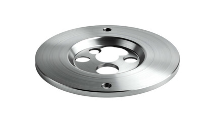A metallic, circular component, featuring holes and concentric rings on a dark background