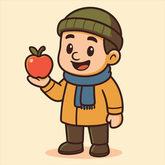 Obraz premium A cheerful cartoon boy wearing a green hat and blue scarf holds a red apple in a flat vector illustration with a clean white background.