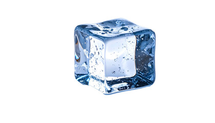 A single, clear ice cube with a few internal bubbles is isolated on a black background