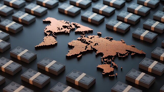 Copper world map atop stacks of banknote bundles symbolizing international finance, cross-border capital flow and global currency movement.