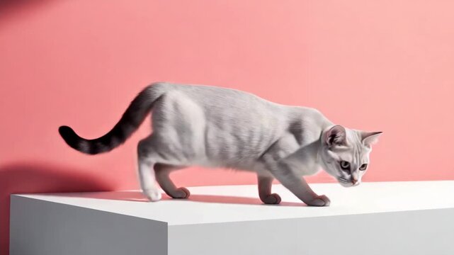 Curious burmilla cat exploring a white pedestal on a pink background