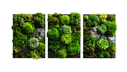 Three framed vertical garden panels with varied green plants and dark frames