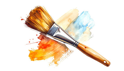 A paintbrush laying across colorful watercolor strokes, showcasing painting process