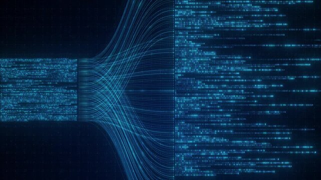 Binary Code Zeros Ones Data Flow Neural Network Visualization with Digital Nodes, Big Data AI Machine Learning Algorithm System, Digital Technology Background for Artificial Intelligence Concept