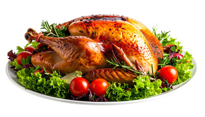 Roast bird on a white platter, garnished with vegetables and herbs