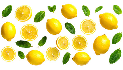 Overhead shot of lemons, sliced lemons, and green leaves on a black background