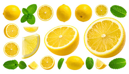 Assortment of vibrant yellow lemons and fresh green mint leaves on a black background