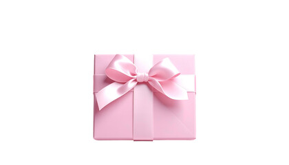 Top-down view of a small, square, pink gift box with a matching ribbon and bow