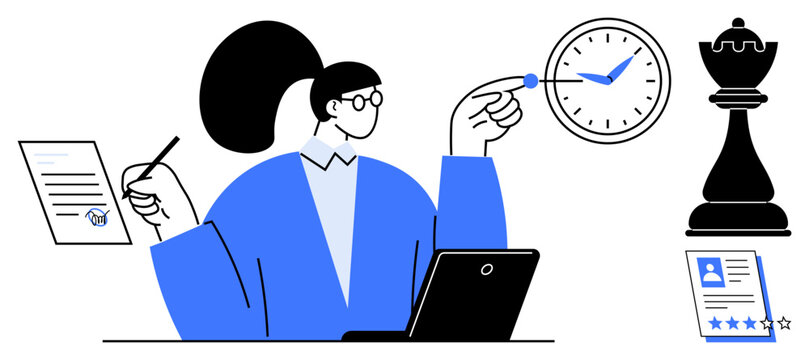Person analyzing documents, holding a pen, using a laptop, pointing at a clock chess piece as strategy, profile as evaluation. Ideal for productivity, planning, leadership, organization time