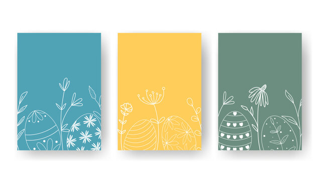 Set of Easter vertical templates for postcards, flyers, booklets, advertisements, greetings. Colored backgrounds with silhouettes of painted eggs and meadow flowers. Cute frames for Easter design, vec