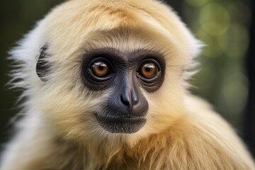 Obraz premium Gibbon close up showing light fur, dark face, and expressive brown eyes