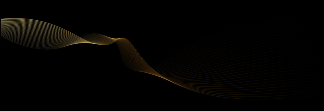 Vector abstract brush stroke wavy lines flowing smooth curve gold light gradient isolated on black background in concept of luxury, technology, science, music, modern.