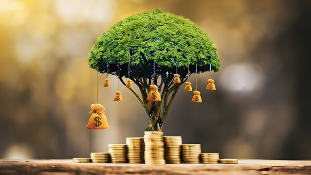 A tree growing on a pile of gold coins with dollar bills hanging from its branches