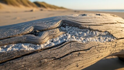 Obraz premium Close-up of weathered driftwood with salt crystals on sandy beach at sunrise