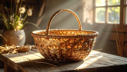 Fototapeta premium Woven basket on a wooden table with sunlight shining through a window in a rustic setting