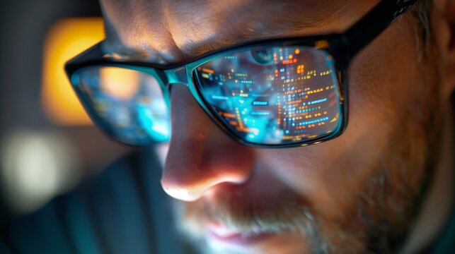 Data from a computer network is reflected in the glasses of a criminal hacker
