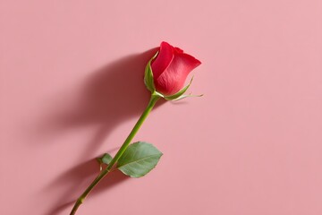 Fototapeta premium A single red rose with a soft shadow on a minimalist background, expressing elegance and quiet romance