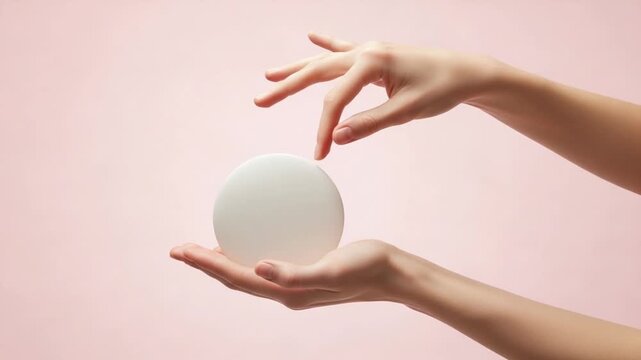 Hands holding and touching a white egg on pink background isolated on white background
