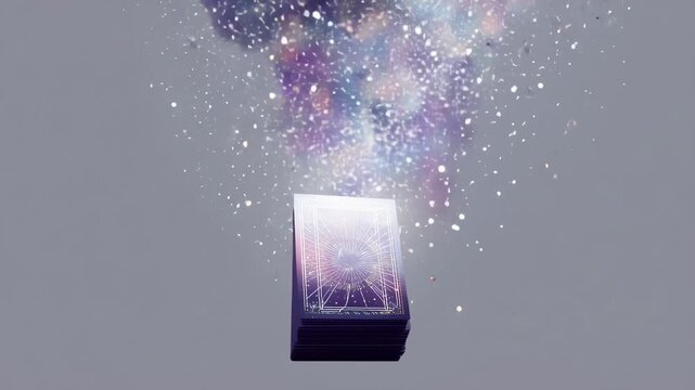 Tarot card deck floating with glowing stars and magic dust on grey background, fantasy spiritual design