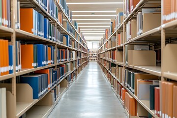 Serene Library Interior with Neat Rows of Colorful Book Covers and Bright Aisles