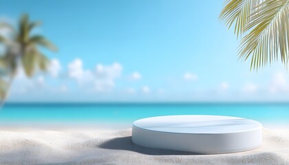 Obraz premium Minimal white podium on a tropical beach with blue ocean, palm leaves, and bright summer light