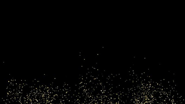 Three explosions that shoots golden confetti and glitters in the air and then gradually falls down. Transparent background, alpha channel. Overlay animation video with loop.
