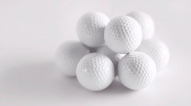 High-detail product render of white golf balls clustered on plain background. Light emphasizes 3D form and unique dimpled surface texture