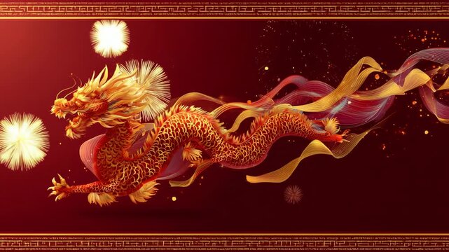 Golden Chinese dragon flying with ribbons and fireworks on red background for Lunar New Year celebration
