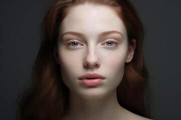 Fototapeta premium Woman with red hair and freckles posing for a beauty portrait on a dark background
