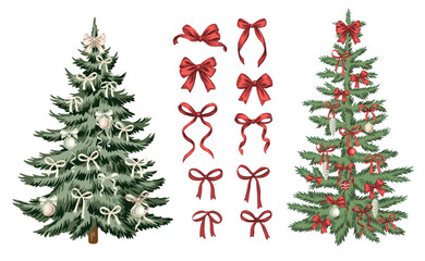 Naklejka premium Christmas tree decoration with bow and balls. Winter decor set.