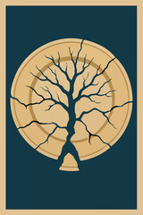 Fototapeta premium Vintage style poster illustration of a shattered ceramic plate where the cracks form a silhouette of a leafless sycamore tree