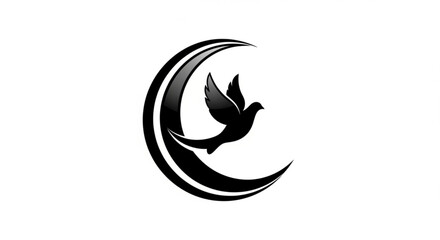 Black silhouette bird flying out of crescent moon symbol on white background freedom and hope concept