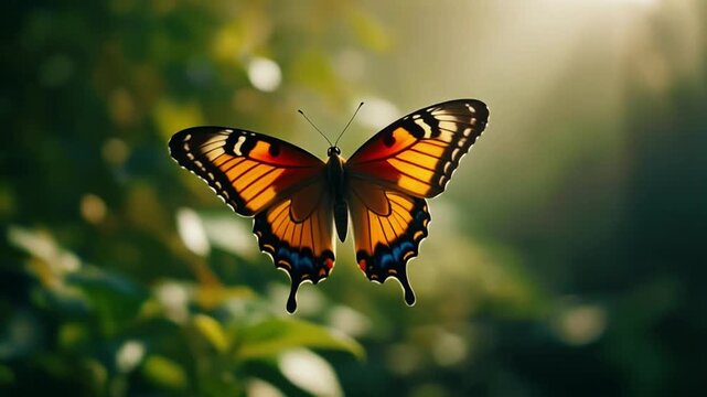 Single colorful butterfly flapping wings gently in soft daylight with a blurred nature background, 4K.