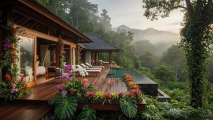 Obraz premium Tropical retreat with lush gardens, infinity pool, and mountain view at sunrise in dense green forest