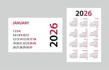 Monthly calendar page layout for. Simple modern diary planner for 2026 year. 