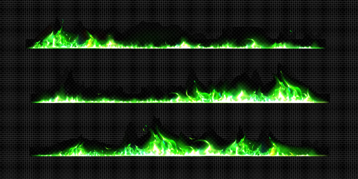 Burning green fire lines and smoke set isolated on transparent background. Vector realistic illustration of burnt border lines with cold magical flame, smoldering mystical alchemic fire design element