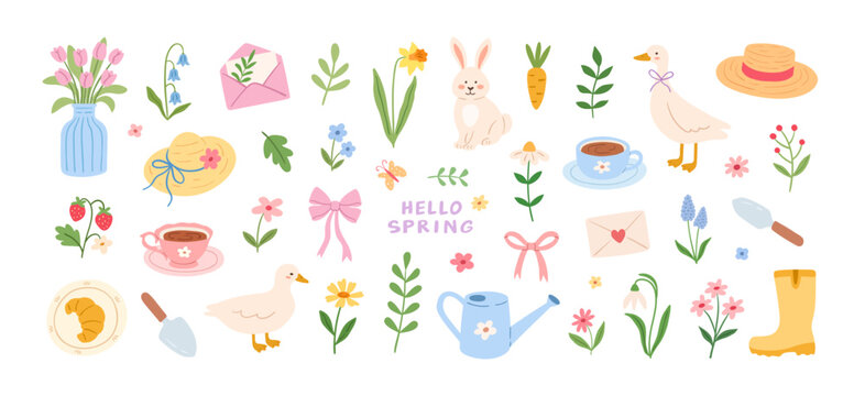 Spring cottagecore cozy set of elements, easter rabbit, duck, flowers, garden