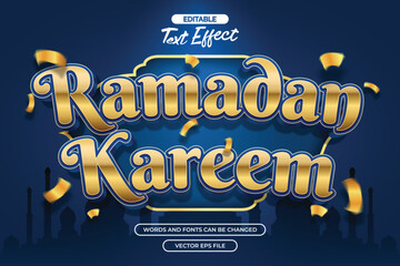 Ramadan kareem editable text effect with gold text style and with silhouette of the mosque in the background