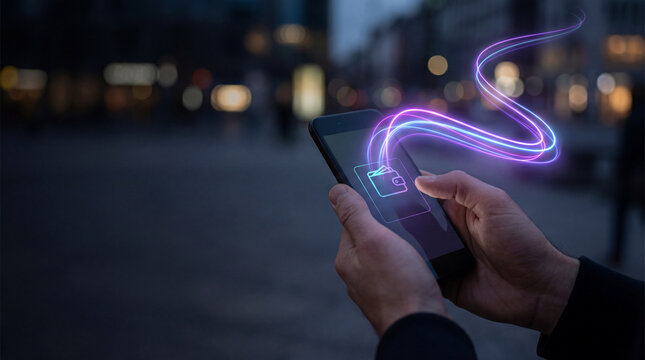 Digital fintech currency concept with glowing wallet icon on smartphone held by person using mobile payment technology at night