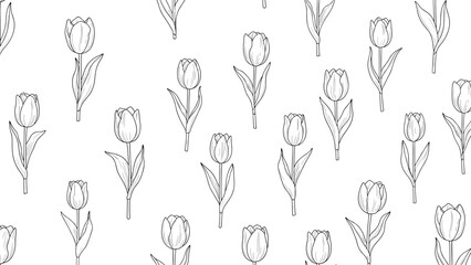 Seamless pattern of hand drawn black and white tulip flowers on stems with leaves scattered across a white background for floral themes.