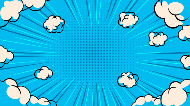 Comic book halftone sky background with pop art bursting clouds, vector illustration. Dynamic cartoon sky explosion with radiation graphic effect, super hero retro banner