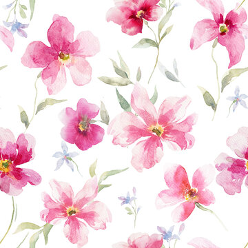 Soft watercolor seamless pattern with large pink flowers and delicate green leaves on white background. Elegant hand painted floral design perfect for wedding stationery, invitations, fabric, wrapping