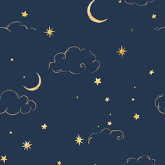 Naklejka premium Whimsical night sky pattern with golden stars, moon and clouds on deep blue background. Magical dreamy illustration perfect for kids wallpaper, nursery decor, wrapping paper, textile prints, celestial