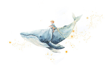 Naklejka premium Whimsical watercolor illustration of a boy riding a flying whale in a dreamy night sky. Perfect kids poster for boys nursery, children room decor, wall art, prints, baby gifts, and storytelling