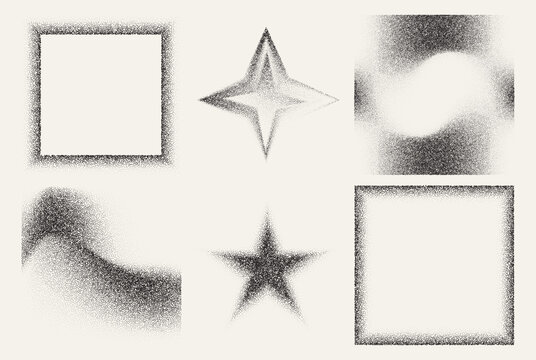 Grainy gradient texture square frames with vintage noise or spray effect and abstract dust patterns on white background. Vector illustration, grunge borders, stars and waves for retro design