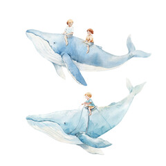 Naklejka premium Whimsical watercolor illustration of a boy riding a flying whale in a dreamy night sky. Perfect kids poster for boys nursery, children room decor, wall art, prints, baby gifts, and storytelling