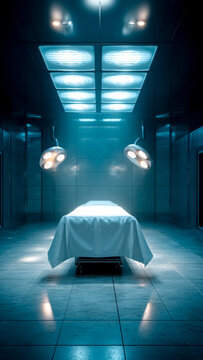 Empty Operating Room with Surgical Table and Ceiling Lights. Hospital Interior, Sterile Environment, Copy Space.
