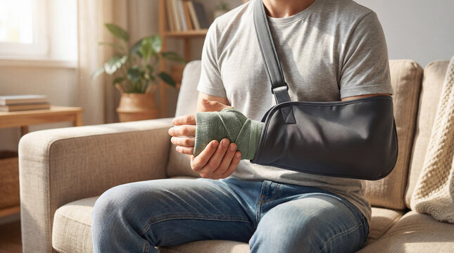 Close-up of a man with an injured arm, wearing a sling and wrist bandage, sitting on a sofa during home recovery. Health and medical theme
