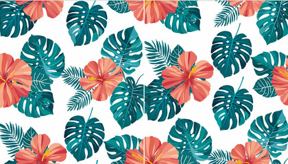 Fototapeta premium Vibrant tropical floral pattern with large green monstera leaves and bright coral hibiscus flowers on a white background, perfect for summer designs